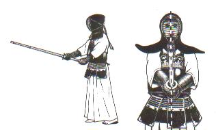 Chūdan-no-kamae diagram — side profile with sword aimed at the throat and front view showing centerline alignment