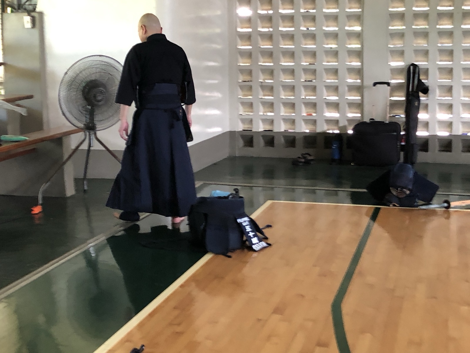 Kendo bogu viewed from the side — men, do and tare silhouette